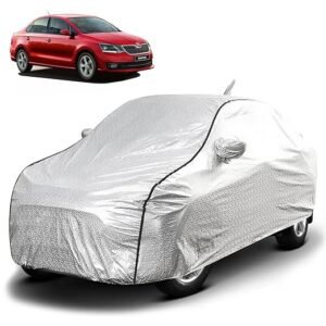 Biroller Waterproof Car Body Cover for Skoda Rapid with Mirror and Antenna Pocket, Soft Cotton Lining, Triple Stitched (Heat Resistant Metallic Silver with Black Piping)