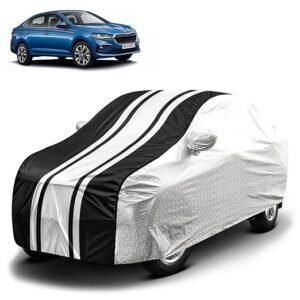 Biroller Waterproof Car Body Cover for Skoda Slavia with Mirror Pocket and Soft Cotton Lining, Bottom Elastic, Triple Stitched (Metallic Silver with Black Stripes) (No Antenna Pocket)