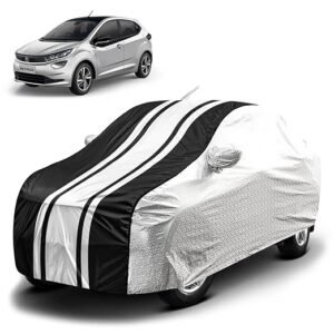 Biroller Waterproof Car Body Cover for Tata Altroz with Mirror and Antenna Pocket and Soft Cotton Lining, Bottom Elastic, Triple Stitched (Metallic Silver with Black Stripes)