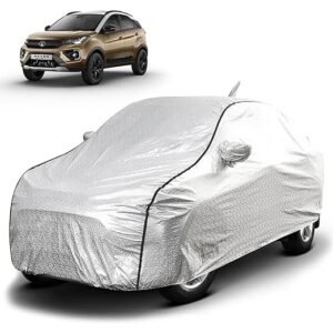Biroller Waterproof Car Body Cover for Tata Nexon with Mirror and Antenna Pocket, Soft Cotton Lining, Triple Stitched (Heat Resistant Metallic Silver with Black Piping)