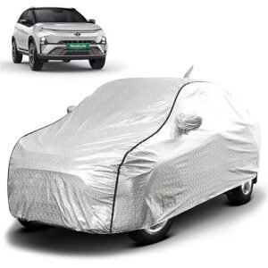 Biroller Waterproof Car Body Cover for Tata Nexon EV with Mirror and Antenna Pocket, Soft Cotton Lining, Triple Stitched (Heat Resistant Metallic Silver with Black Piping)