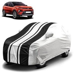 Biroller Waterproof Car Body Cover for Tata Nexon 2024 with Mirror Pocket and Soft Cotton Lining, Bottom Elastic, Triple Stitched (Metallic Silver with Black Stripes)