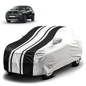 Biroller Waterproof Car Body Cover for Tata Punch with Mirror Pocket and Soft Cotton Lining, Bottom Elastic, Triple Stitched (Metallic Silver with Black Stripes) Full Size (No Antenna Pocket)