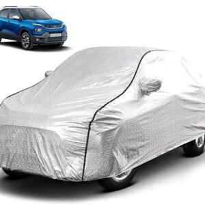 Biroller Waterproof Car Body Cover for Tata Punch with Mirror Pocket, Soft Cotton Lining, Triple Stitched (Heat Resistant Metallic Silver with Black Piping) (NO Antenna Pocket)