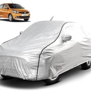 Biroller Waterproof Car Body Cover for Tata Tiago with Mirror and Antenna Pocket, Soft Cotton Lining, Triple Stitched (Heat Resistant Metallic Silver with Black Piping)