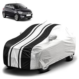 Biroller Waterproof Car Body Cover for Tata Tiago with Mirror and Antenna Pocket, Soft Cotton Lining, Bottom Elastic, Triple Stitched (Metallic Silver with Black Stripes)