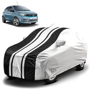 Biroller Waterproof Car Body Cover for Tata Tiago EV with Mirror and Antenna Pocket and Soft Cotton Lining, Bottom Elastic, Triple Stitched (Metallic Silver with Black Stripes)