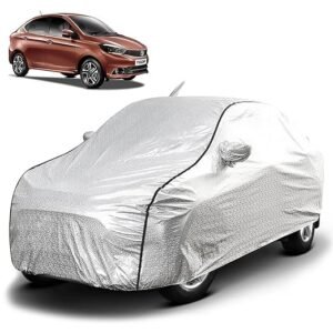 Biroller Waterproof Car Body Cover for Tata Tigor with Mirror and Antenna Pocket, Soft Cotton Lining, Triple Stitched (Heat Resistant Metallic Silver with Black Piping)