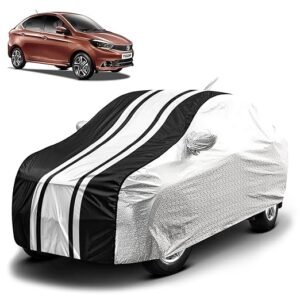 Biroller Waterproof Car Body Cover for Tata Tigor with Mirror and Antenna Pocket and Soft Cotton Lining, Bottom Elastic, Triple Stitched (Metallic Silver with Black Stripes)