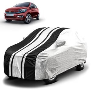 Biroller Waterproof Car Body Cover for Tata Tigor EV with Mirror Pocket and Soft Cotton Lining, Bottom Elastic, Triple Stitched (Metallic Silver with Black Stripes) (No Antenna Pocket)