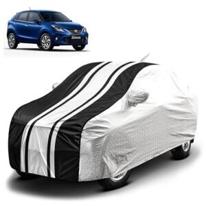 Biroller Waterproof Car Body Cover for Toyota Glanza with Mirror and Antenna Pocket, Soft Cotton Lining, Bottom Elastic, Triple Stitched (Metallic Silver with Black Stripes)
