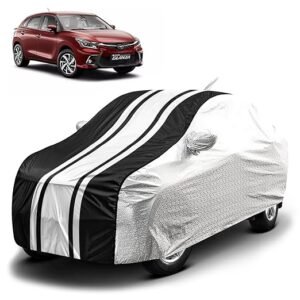 Biroller Waterproof Car Body Cover for Maruti Glanza New with Mirror and Antenna Pocket and Soft Cotton Lining, Bottom Elastic, Triple Stitched (Metallic Silver with Black Stripes)