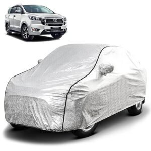 Biroller Waterproof Car Body Cover for Toyota Innova Crysta with Mirror Pocket, Soft Cotton Lining, Triple Stitched (Heat Resistant Metallic Silver with Black Piping)