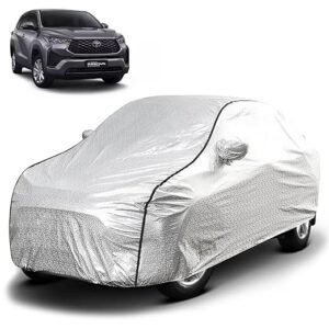 Biroller Waterproof Car Body Cover for Toyota Innova Crysta Hycross with Mirror Pocket, Soft Cotton Lining, Triple Stitched (Heat Resistant Metallic Silver with Black Piping)
