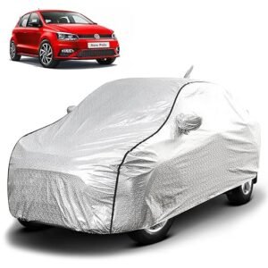 Biroller Waterproof Car Body Cover for Volkswagen Polo with Mirror and Antenna Pocket, Soft Cotton Lining, Triple Stitched (Heat Resistant Metallic Silver with Black Piping)