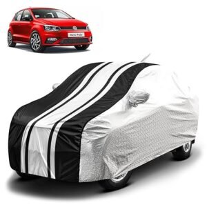 Biroller Waterproof Car Body Cover for Volkswagen Polo with Mirror and Antenna Pocket and Soft Cotton Lining, Bottom Elastic, Triple Stitched (Metallic Silver with Black Stripes)