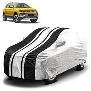 Biroller Waterproof Car Body Cover for Volkswagen Taigun with Mirror Pocket and Soft Cotton Lining, Bottom Elastic, Triple Stitched (Metallic Silver with Black Stripes) (No Antenna Pocket)