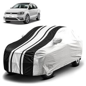 Biroller Waterproof Car Body Cover for Volkswagen Vento with Mirror Pocket and Soft Cotton Lining, Bottom Elastic, Triple Stitched (Metallic Silver with Black Stripes) (No Antenna Pocket)