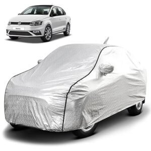 Biroller Waterproof Car Body Cover for Volkswagen Vento with Mirror and Antenna Pocket, Soft Cotton Lining, Triple Stitched (Heat Resistant Metallic Silver with Black Piping)