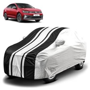 Biroller Waterproof Car Body Cover for Volkswagen Virtus with Mirror Pocket and Soft Cotton Lining, Bottom Elastic, Triple Stitched (Metallic Silver with Black Stripes) (No Antenna Pocket)